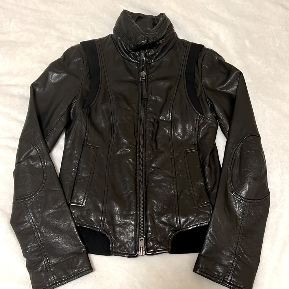 MACKAGE Aritzia Black Lambskin Leather Moto Jacket Hood Limited Edition